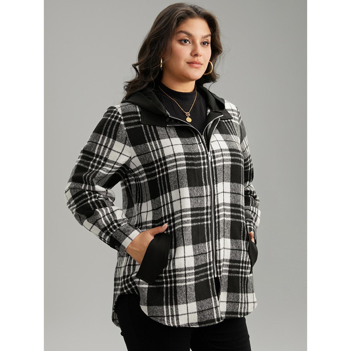 Plus Size Plaid Patchwork Zipper Contrast Hooded Jacket Women Black Contrast Pocket Everyday Jackets BloomChic 30/6X Product Image