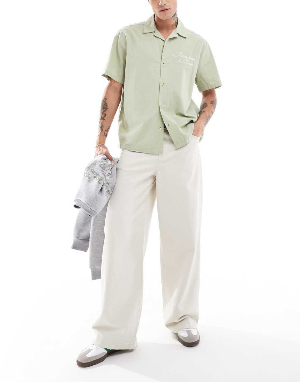 ASOS DESIGN camp collar shirt with chest embroidery in sage green Product Image
