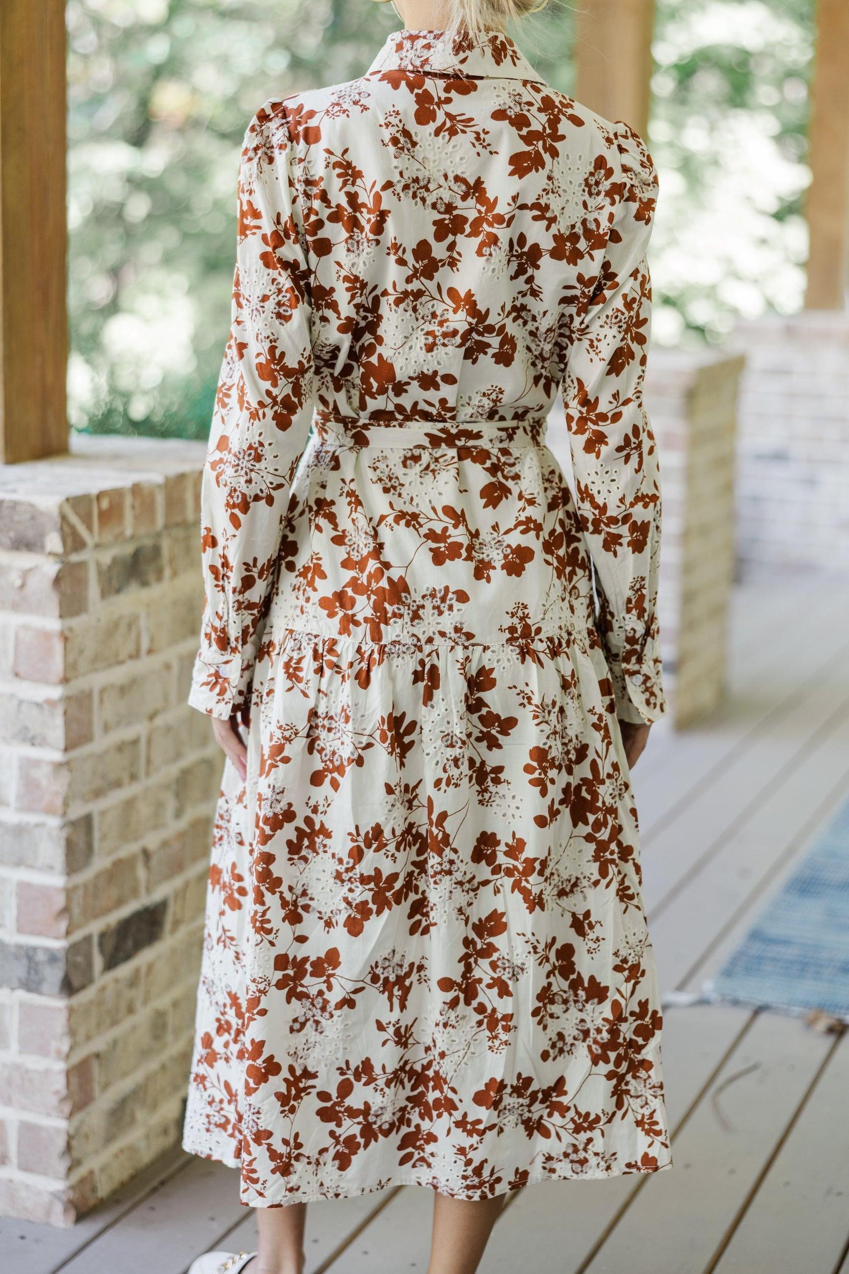 Fate: On Call Ivory/Brown Floral Midi Dress Female Product Image