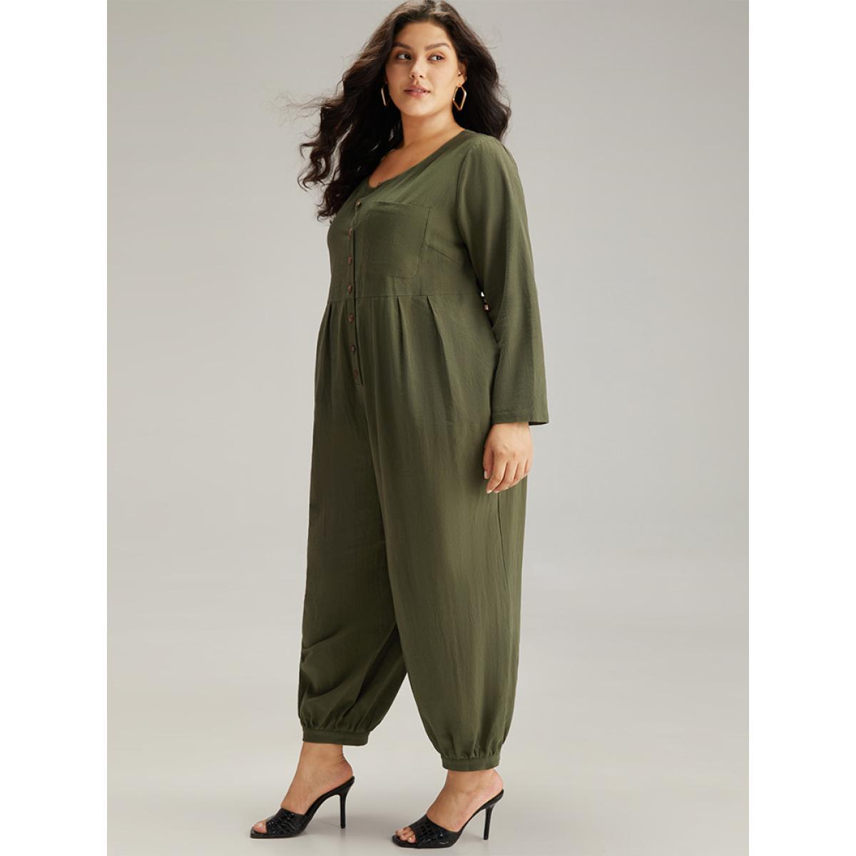 Plus Size ArmyGreen Plain Pocket Button Up Pleated Jumpsuit Women Basics Long Sleeve Round Neck Everyday Loose Jumpsuits BloomChic 18-20/2X Product Image