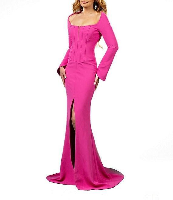 Terani Couture Scoop Neck Long Bell Sleeve Crepe Mermaid Gown Product Image