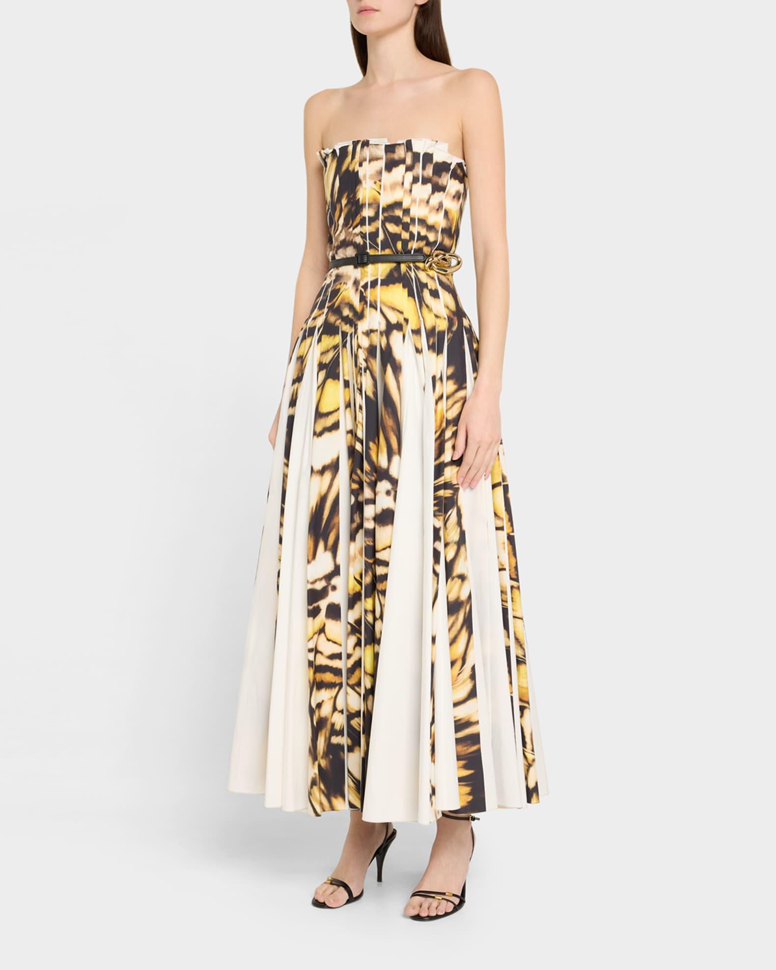 Strapless Pleated Butterfly Poplin Ankle Dress With Belt Product Image