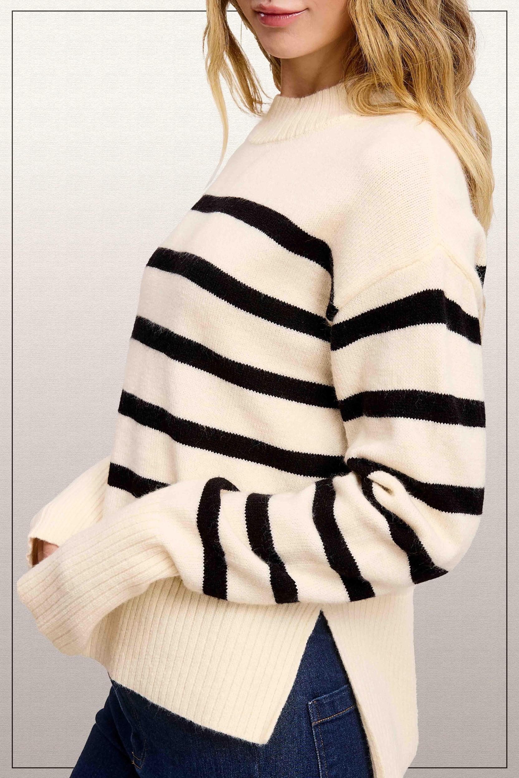 Super Soft Ribbed Striped Mock Neck Loose Fit Sweater- 3 Colors Product Image