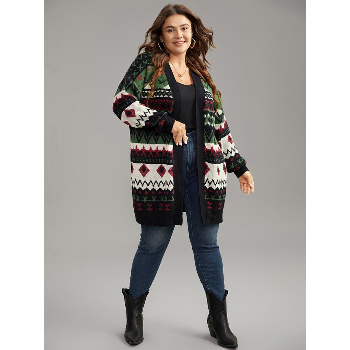 Plus Size Christmas Graphic Open Front Tunic Cardigan Multicolor Women Casual Loose Long Sleeve Dailywear Cardigans BloomChic 14-16/1X Product Image