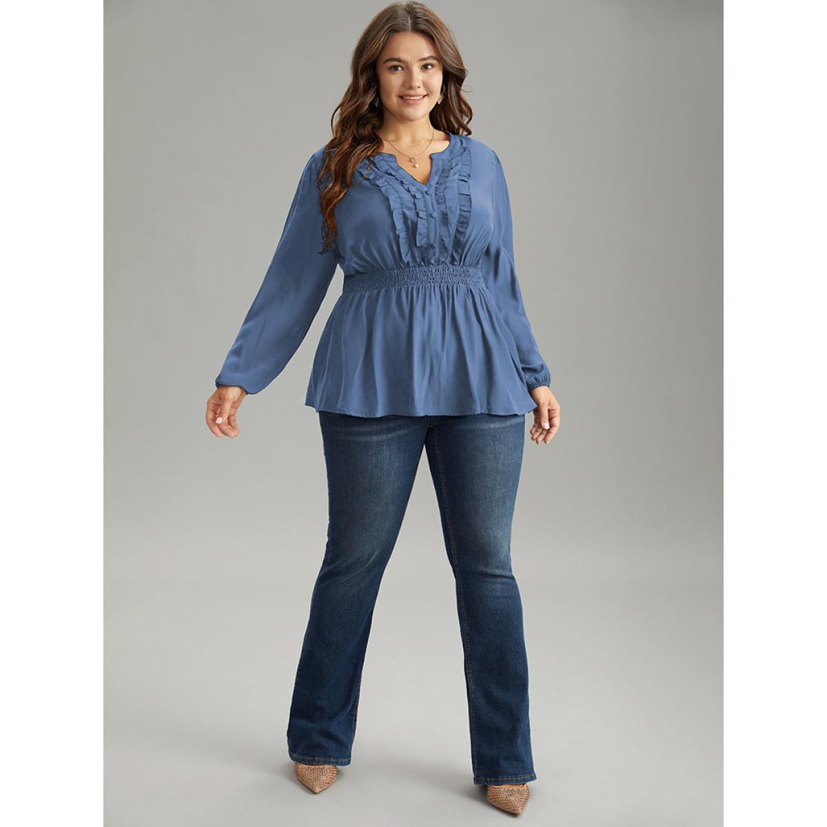 Plus Size Aegean Solid Frill Trim Shirred Flutter Hem Blouse Women Elegant Long Sleeve Notched collar Dailywear Blouses BloomChic 30/6X Product Image