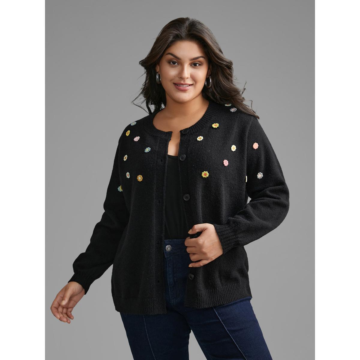Plus Size Stereo Flower Design Button Through Cardigan Black Women Casual Loose Long Sleeve Everyday Cardigans BloomChic 14-16/1X Product Image