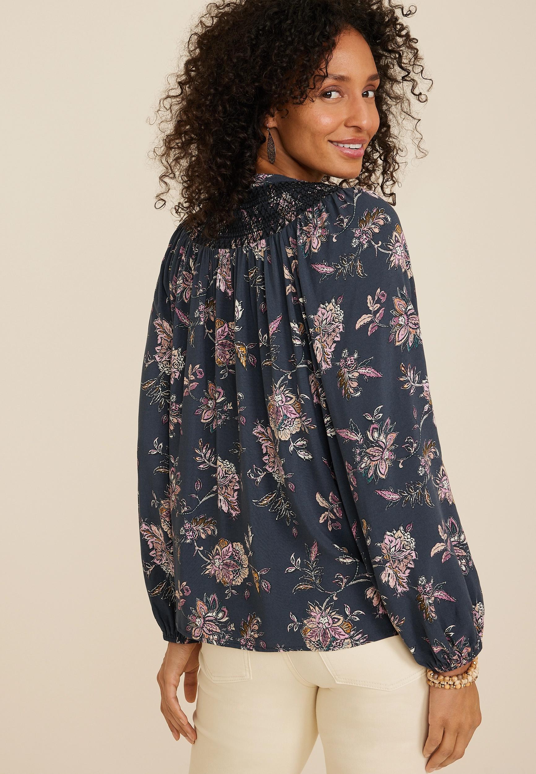 Navy Floral Peasant Blouse Product Image