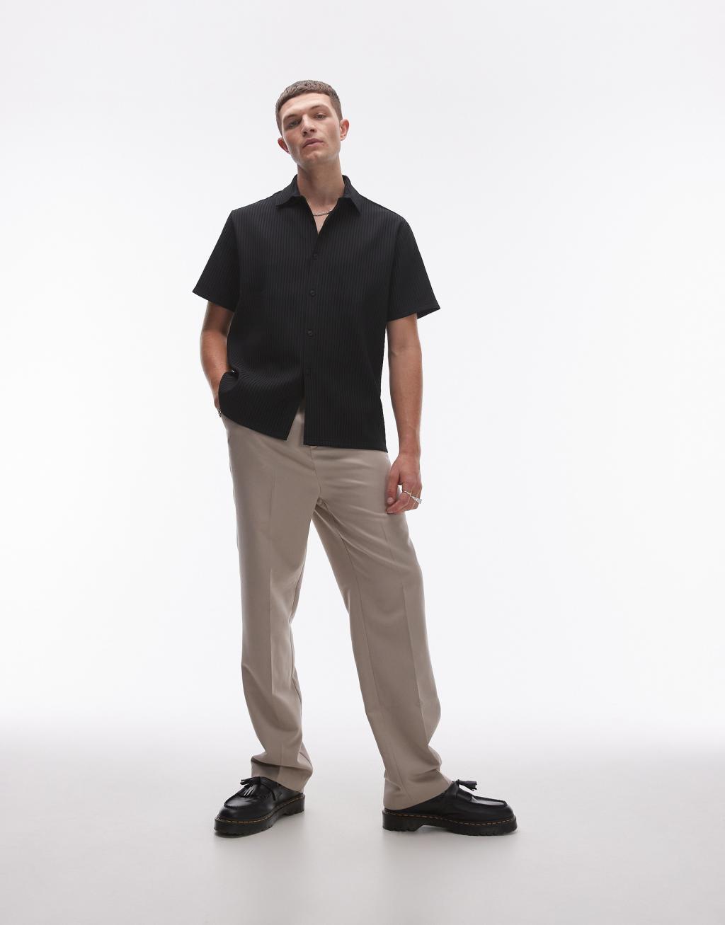 Topman short sleeve button through plisse shirt in black Product Image