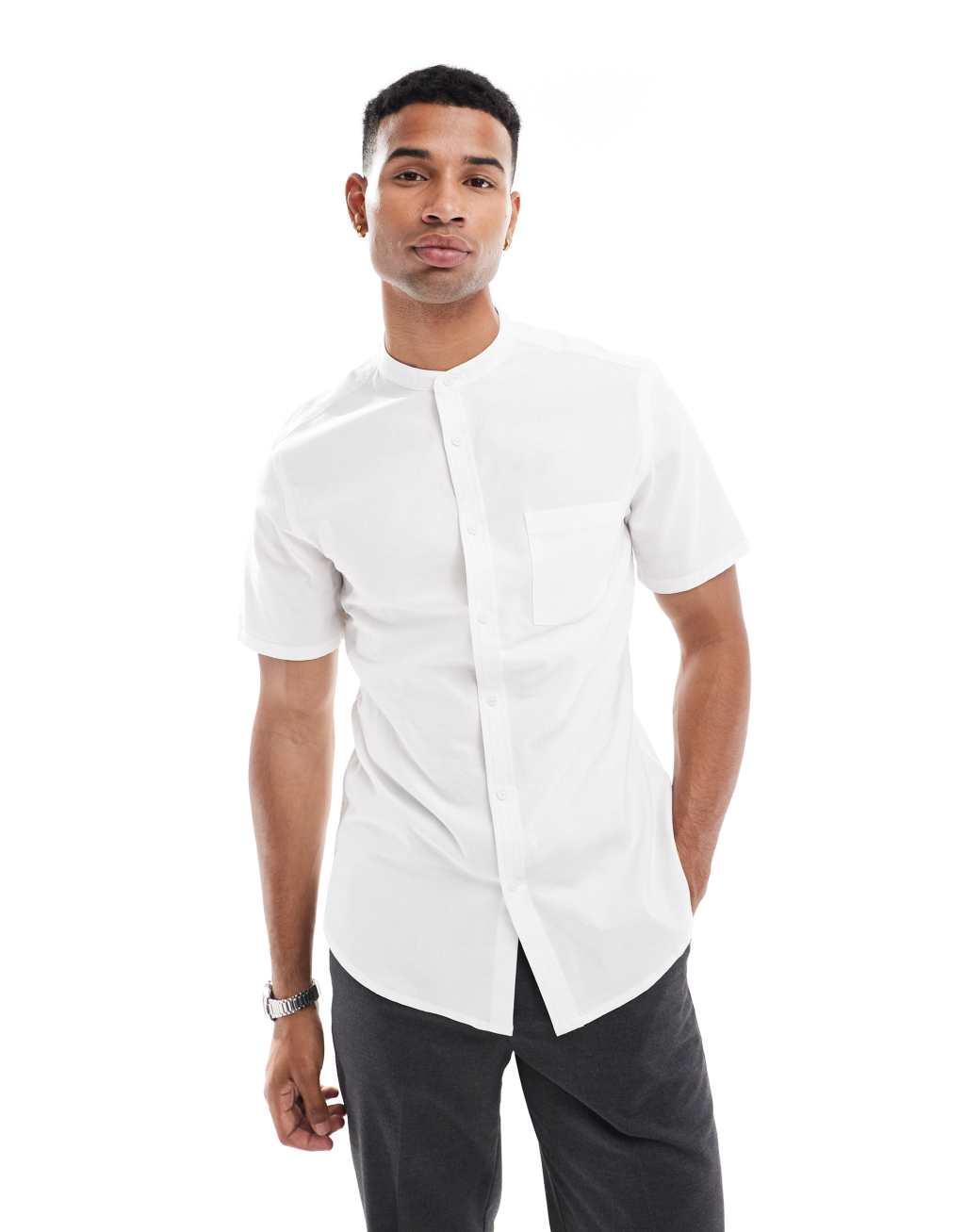 ASOS DESIGN slim shirt with grandad collar and pockets in white Product Image