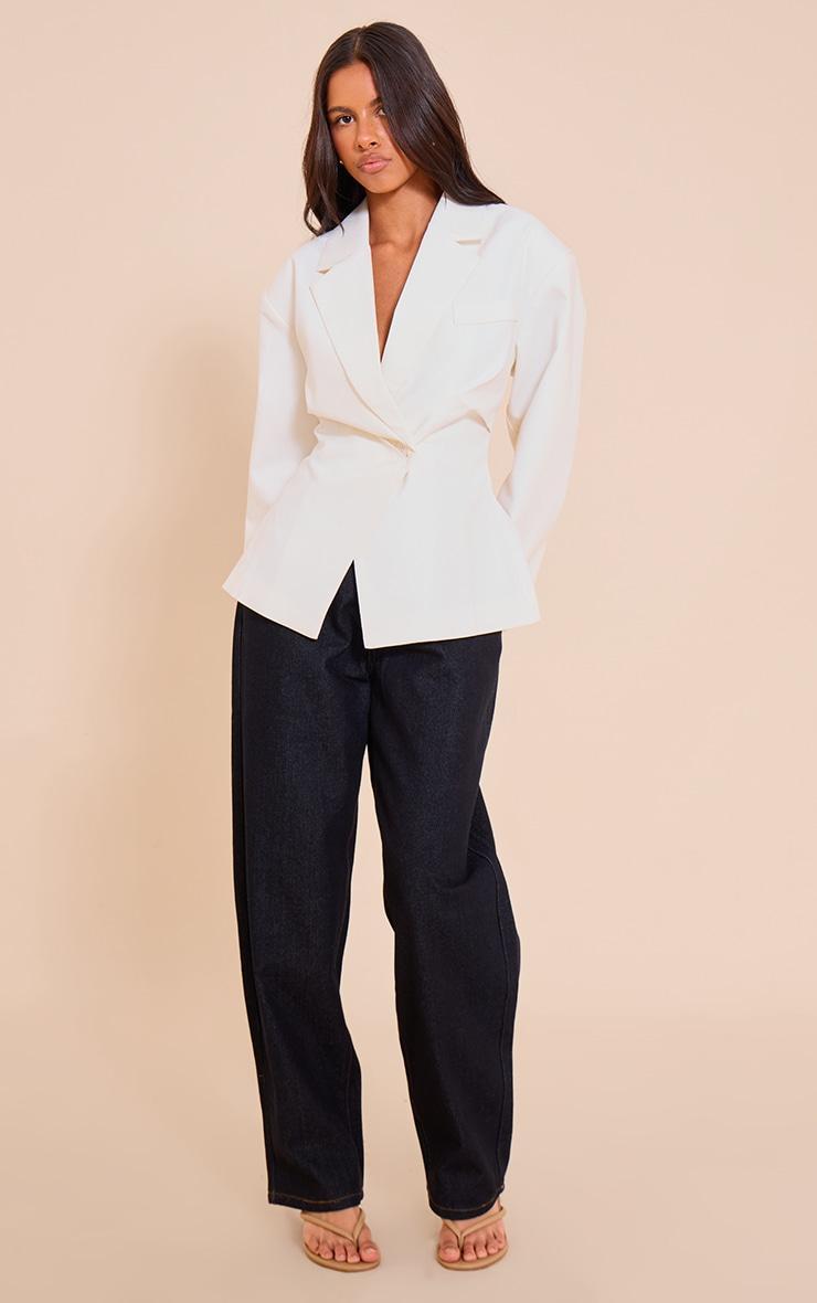 Petite White Linen Look Woven Cinched Waist Blazer Product Image