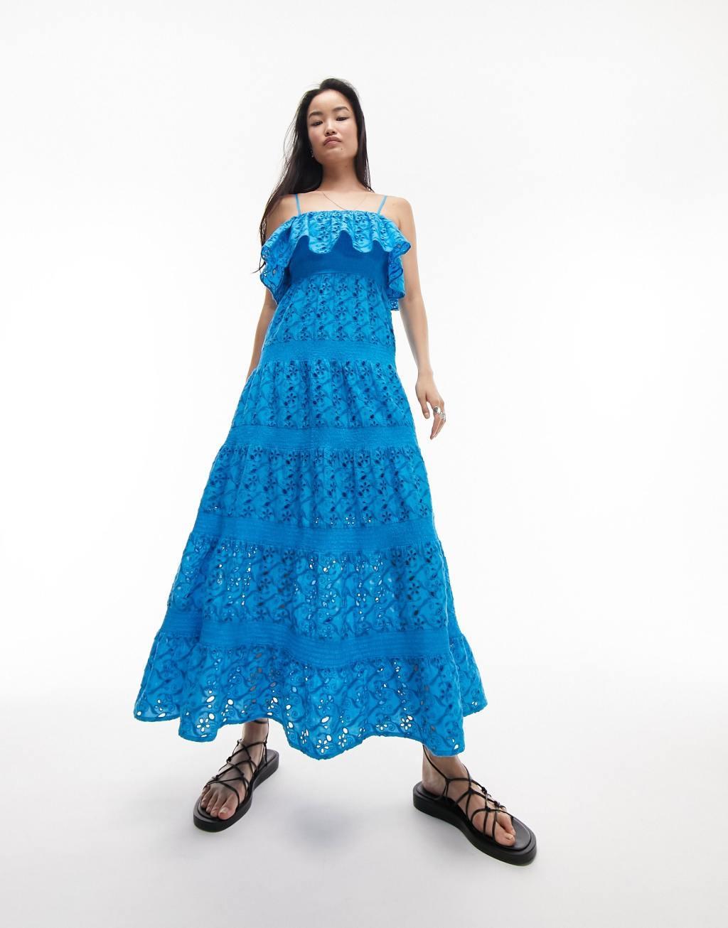 Topshop strappy eyelet maxi dress with frill neck Product Image