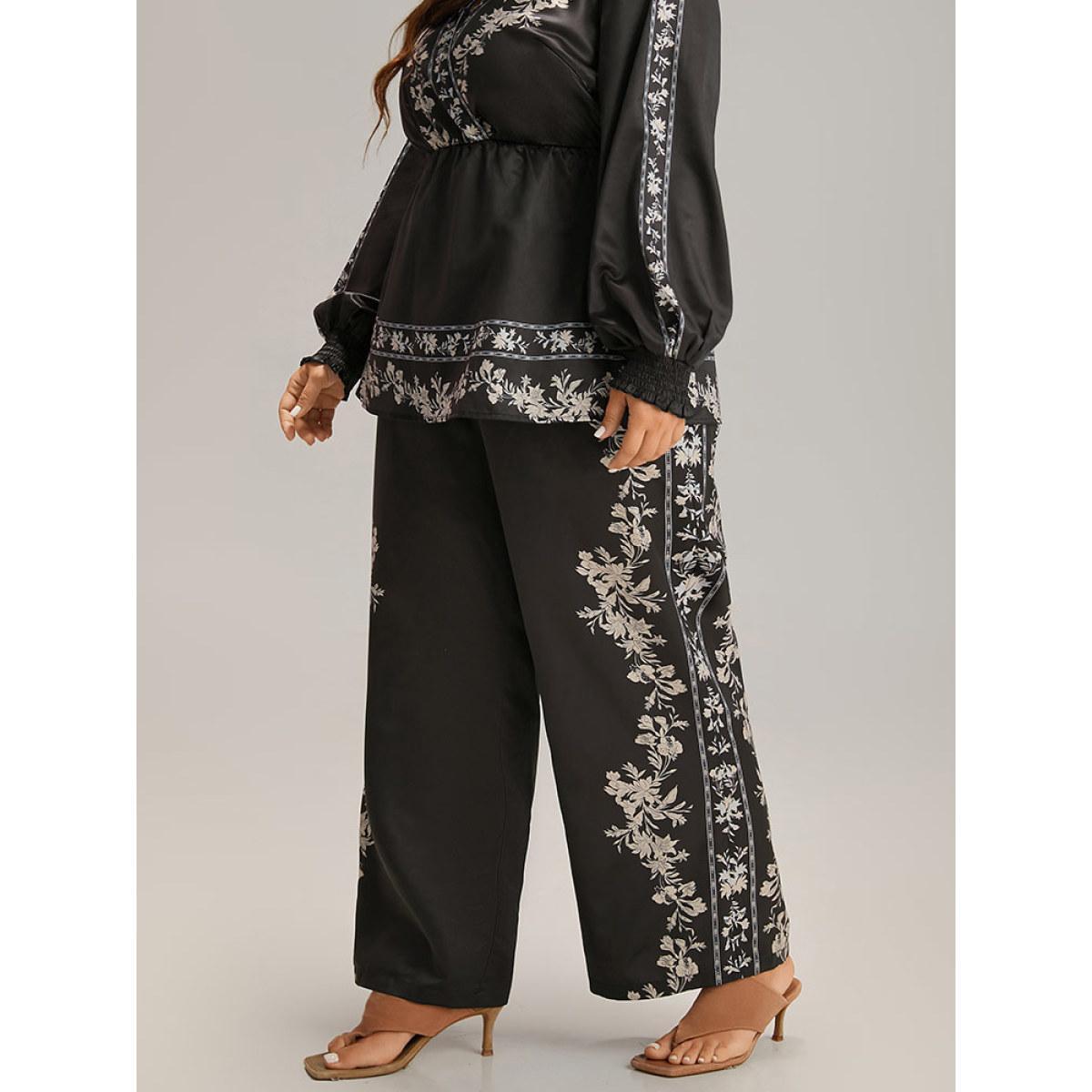 Plus Size Boho Print Pocket Elastic Waist Pants Women BlackFlower Elegant Straight Leg High Rise Dailywear Pants BloomChic 22-24/3X Product Image