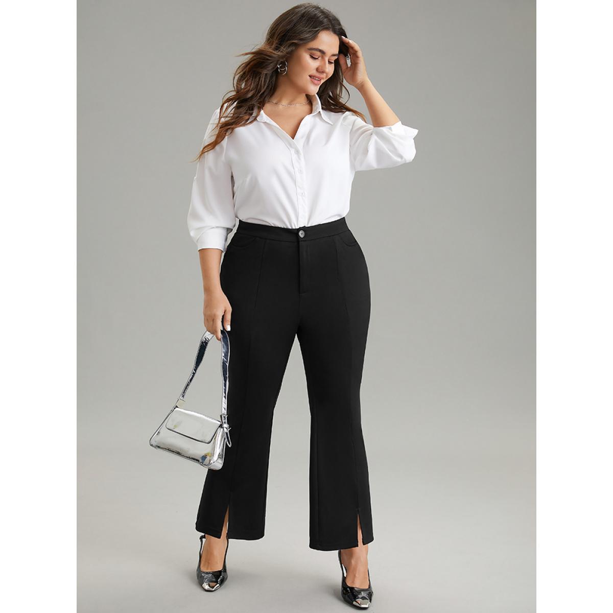 Plus Size Plain Flare Leg Pocket Split Hem Pants Women Black Office Flare Leg High Rise Work Pants BloomChic 30/6X Product Image