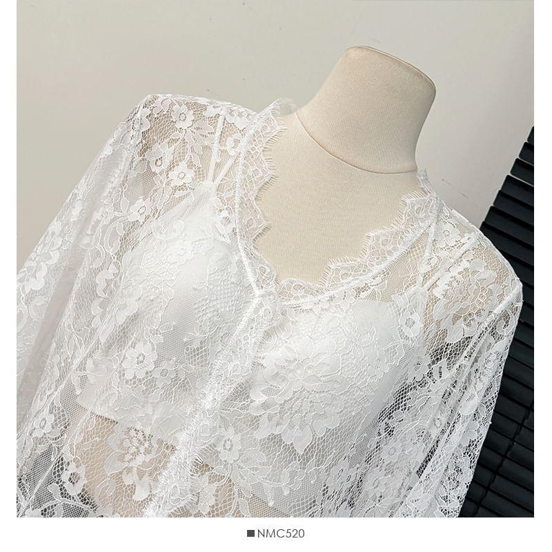 Bell-Sleeve V-Neck Sheer Lace Shirt Product Image