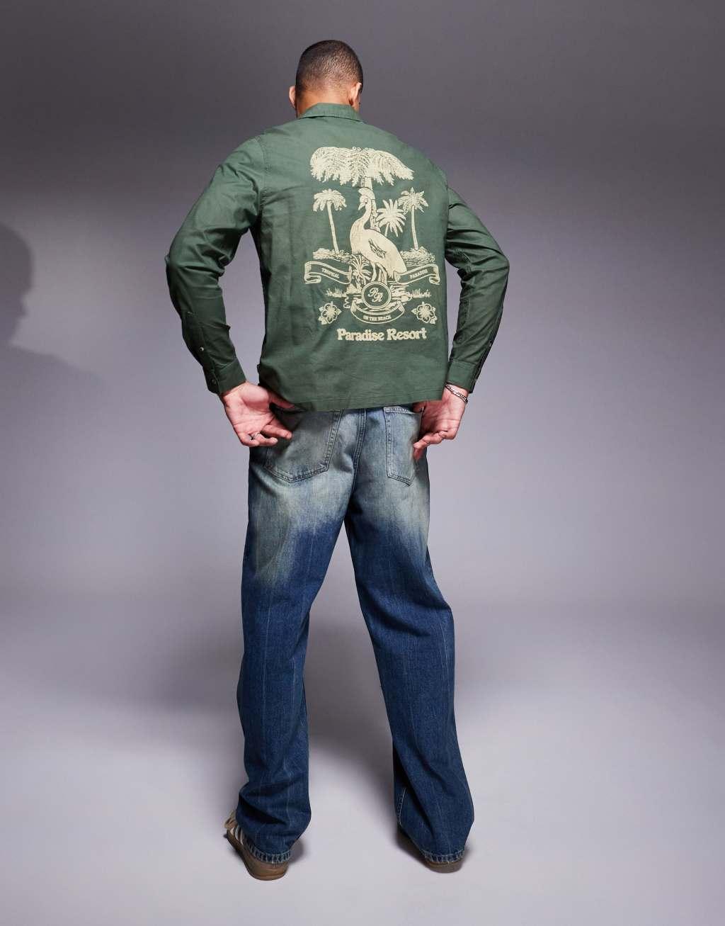 ASOS DESIGN relaxed revere shirt with back placement print in green Product Image