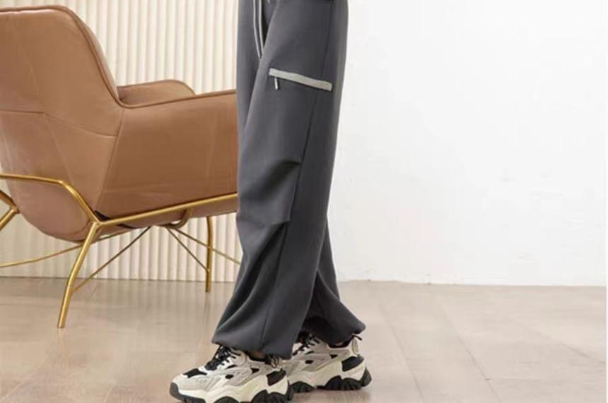 Set: Two Tone Zip-Up Jacket + High Rise Wide Leg Pants Product Image