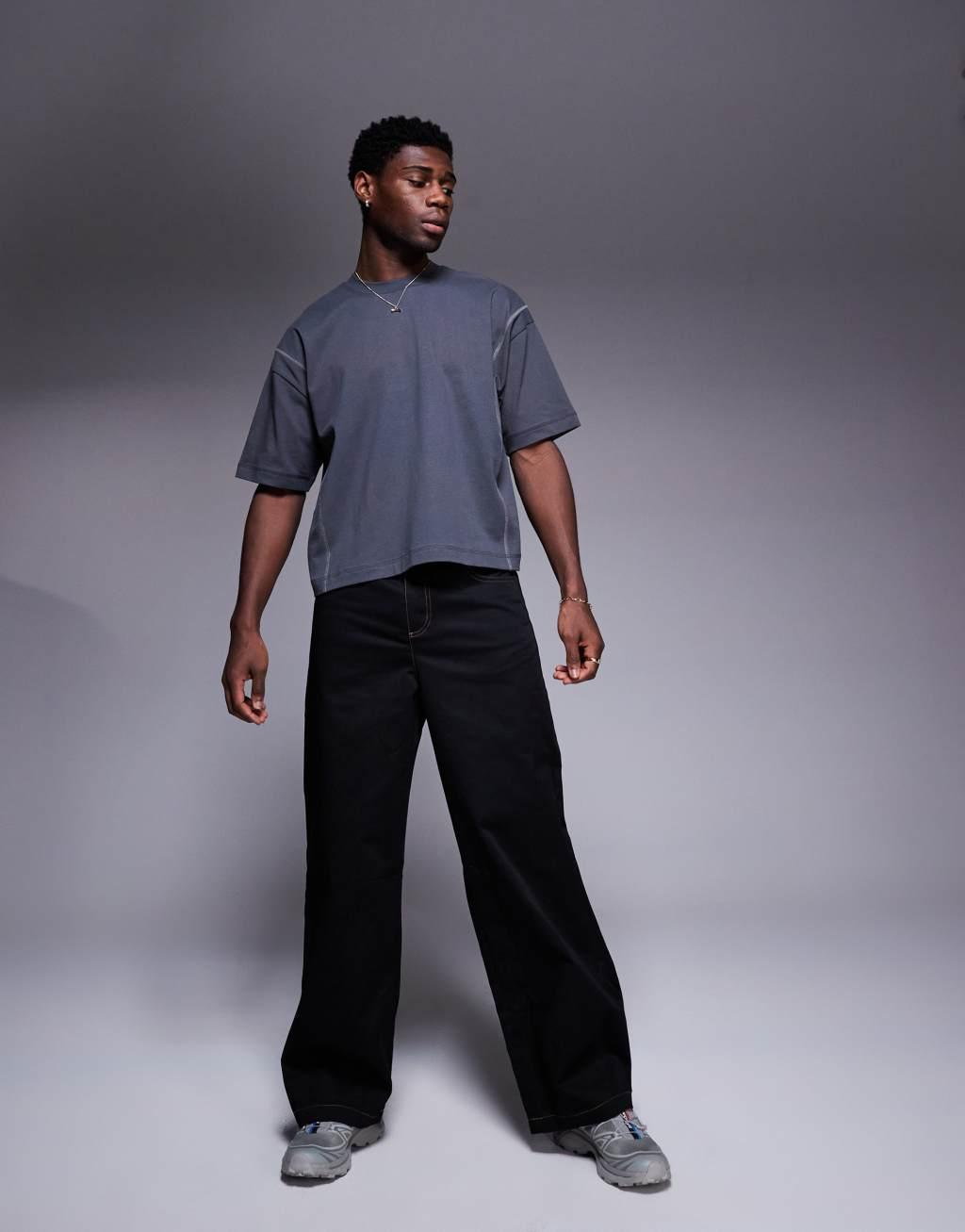 ASOS DESIGN heavyweight oversized boxy tee with contrast seam 240gsm in charcoal Product Image