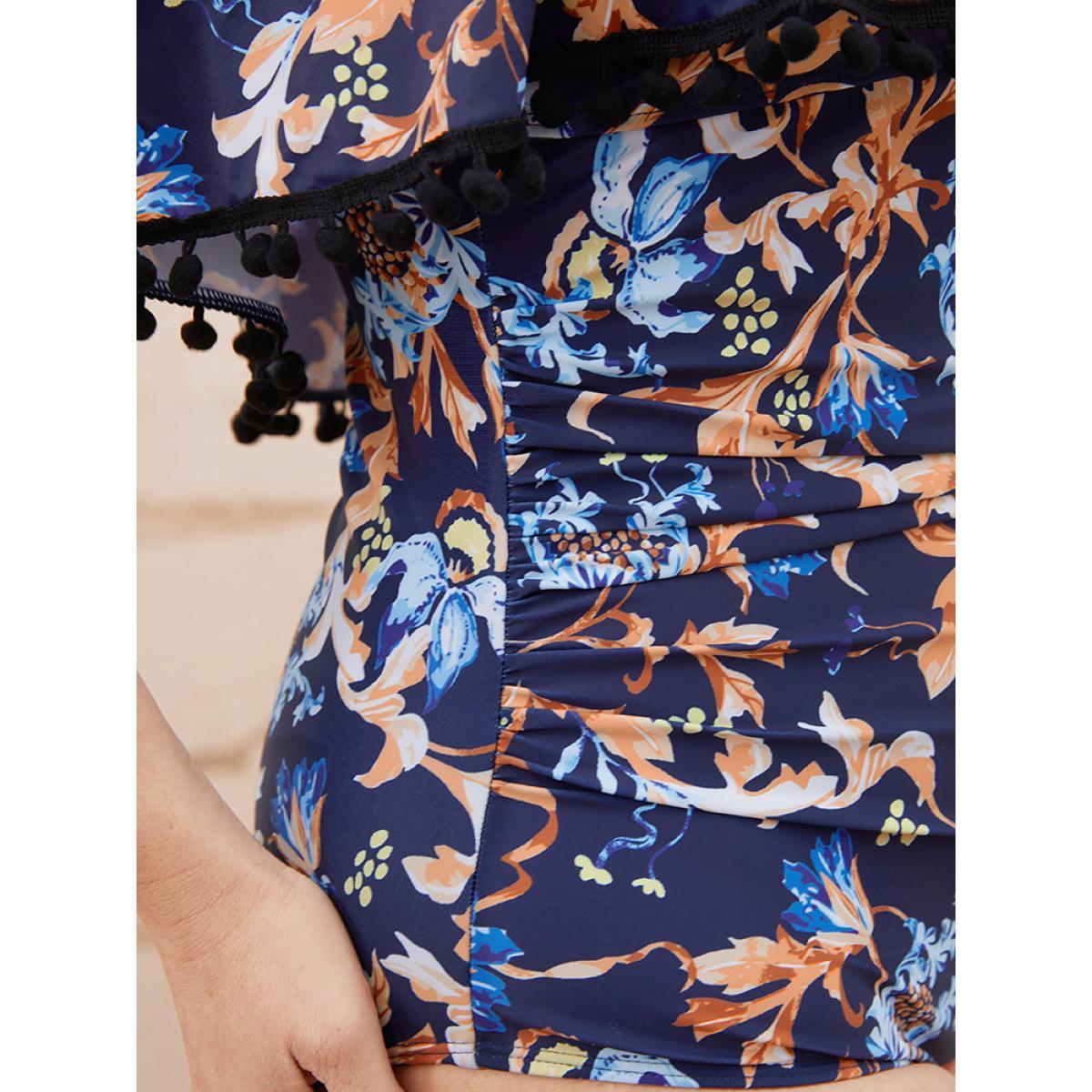 Plus Size Floral Pompom Trim Cold Shoulder One Piece Swimsuit Women's Swimwear Indigo Vacation Adjustable Straps Curve Bathing Suits High stretch One Pieces BloomChic 18-20/2X Product Image