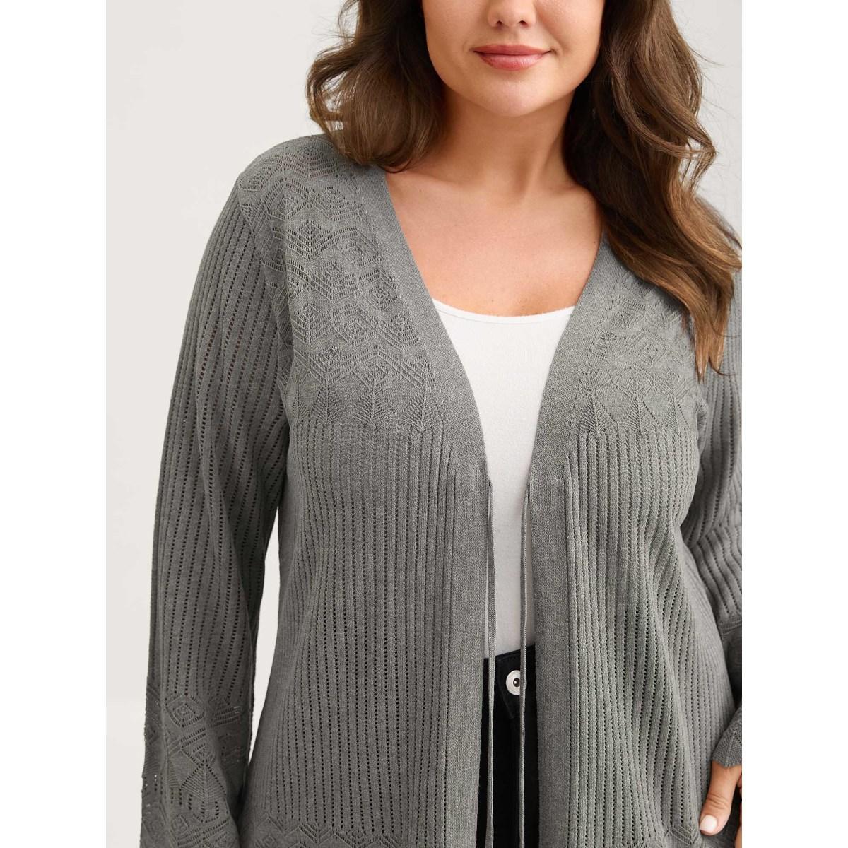 Plus Size Front Tie Textured Long Knit Cardigan DarkGray Women Loose Long Sleeve Everyday-Casual Cardigans BloomChic 26/4X Product Image