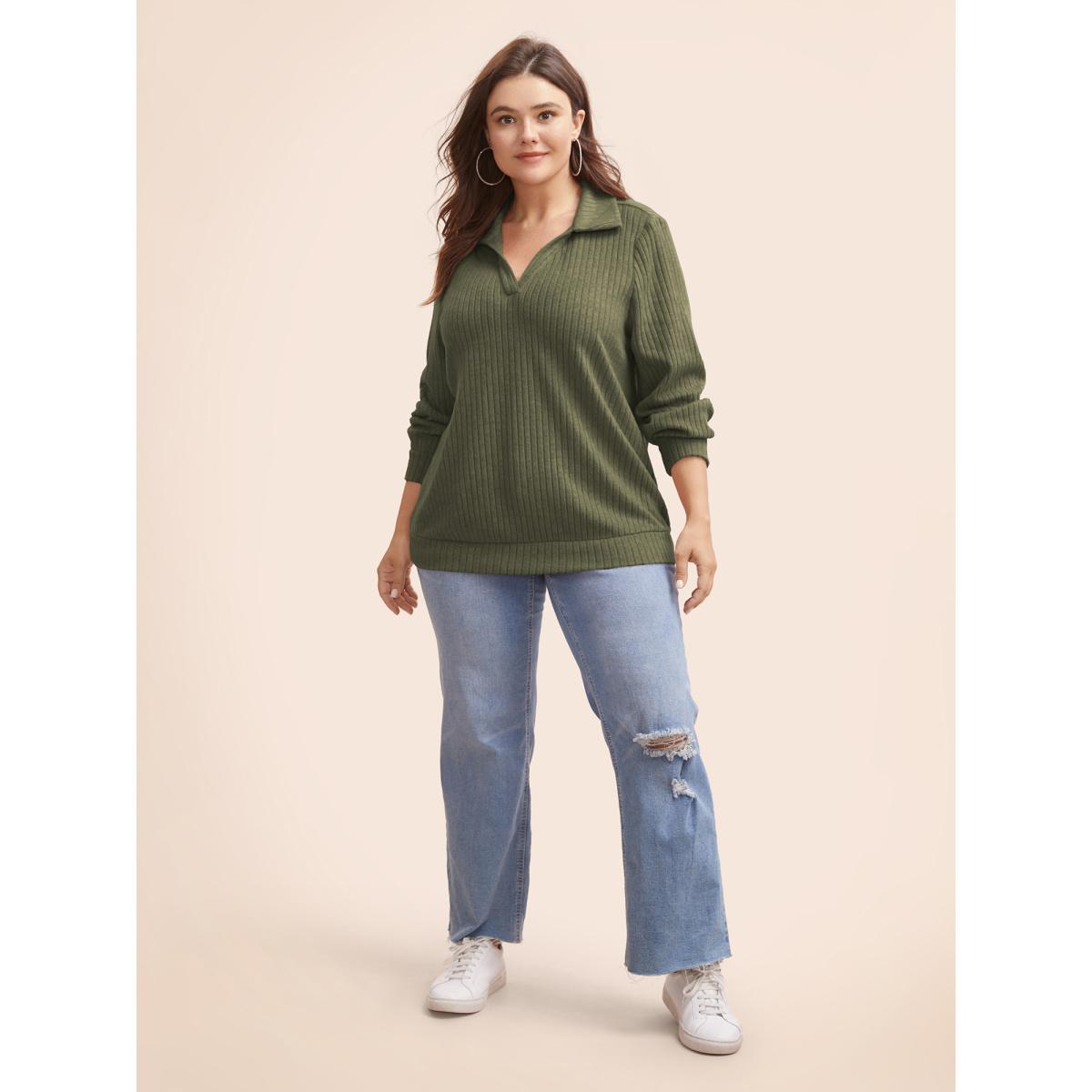 Plus Size Solid Pit Strip Stretch Sweatshirt Women Sage Casual Texture V-neck Everyday Sweatshirts BloomChic 28/5X Product Image