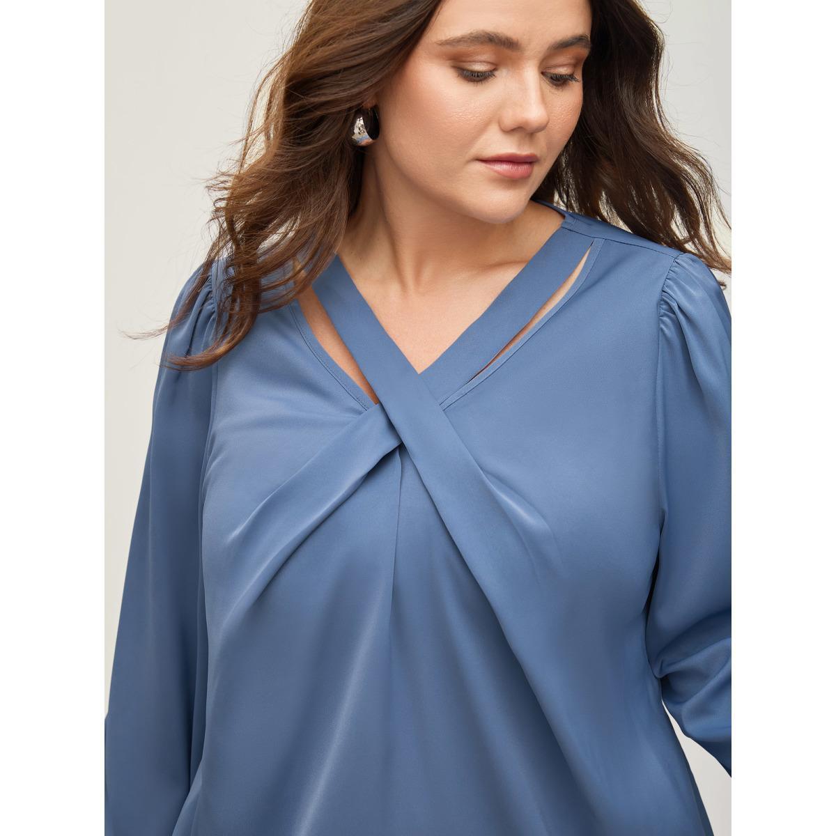 Plus Size Stone Criss Cross Neckline Puff Sleeve Gathered Blouse Women Elegant Long Sleeve Asymmetrical Neck Everyday Blouses BloomChic 30/6X Product Image