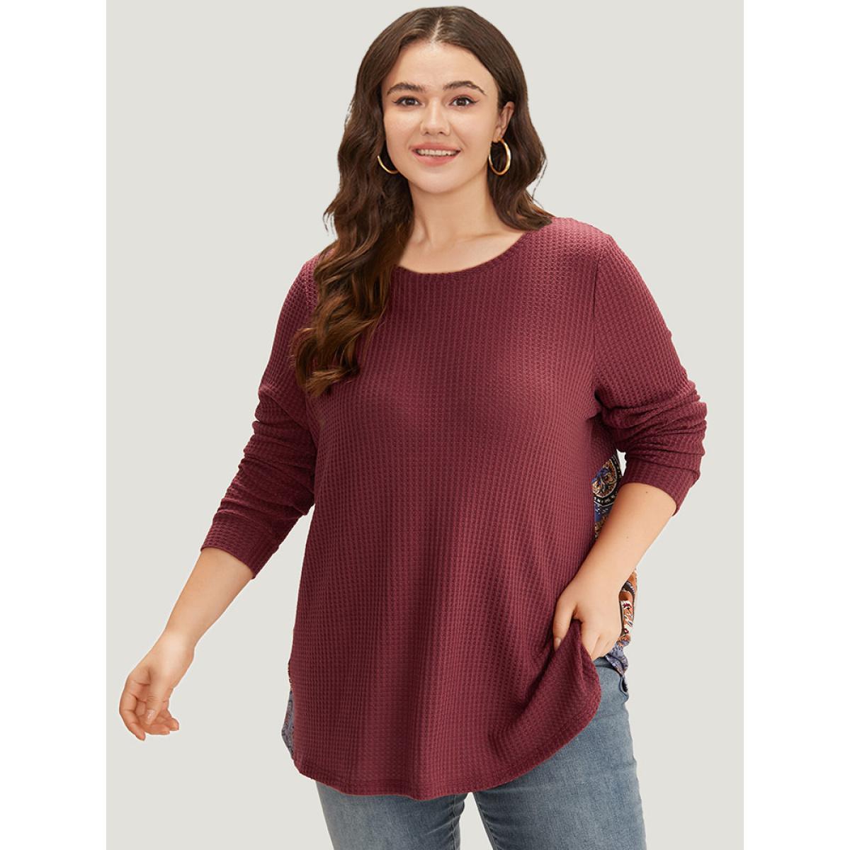 Plus Size Bandana Patchwork Crew Neck Elastic Cuffs Sweatshirt Women Russet Casual Round Neck Everyday Sweatshirts BloomChic 18-20/2X Product Image