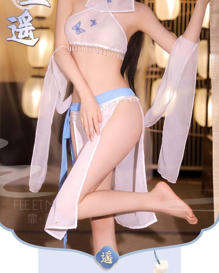 Set: Halter Butterfly Print Fringed Camisole + G-String + Cover Up Skirt + Shawl + Face Veil Product Image