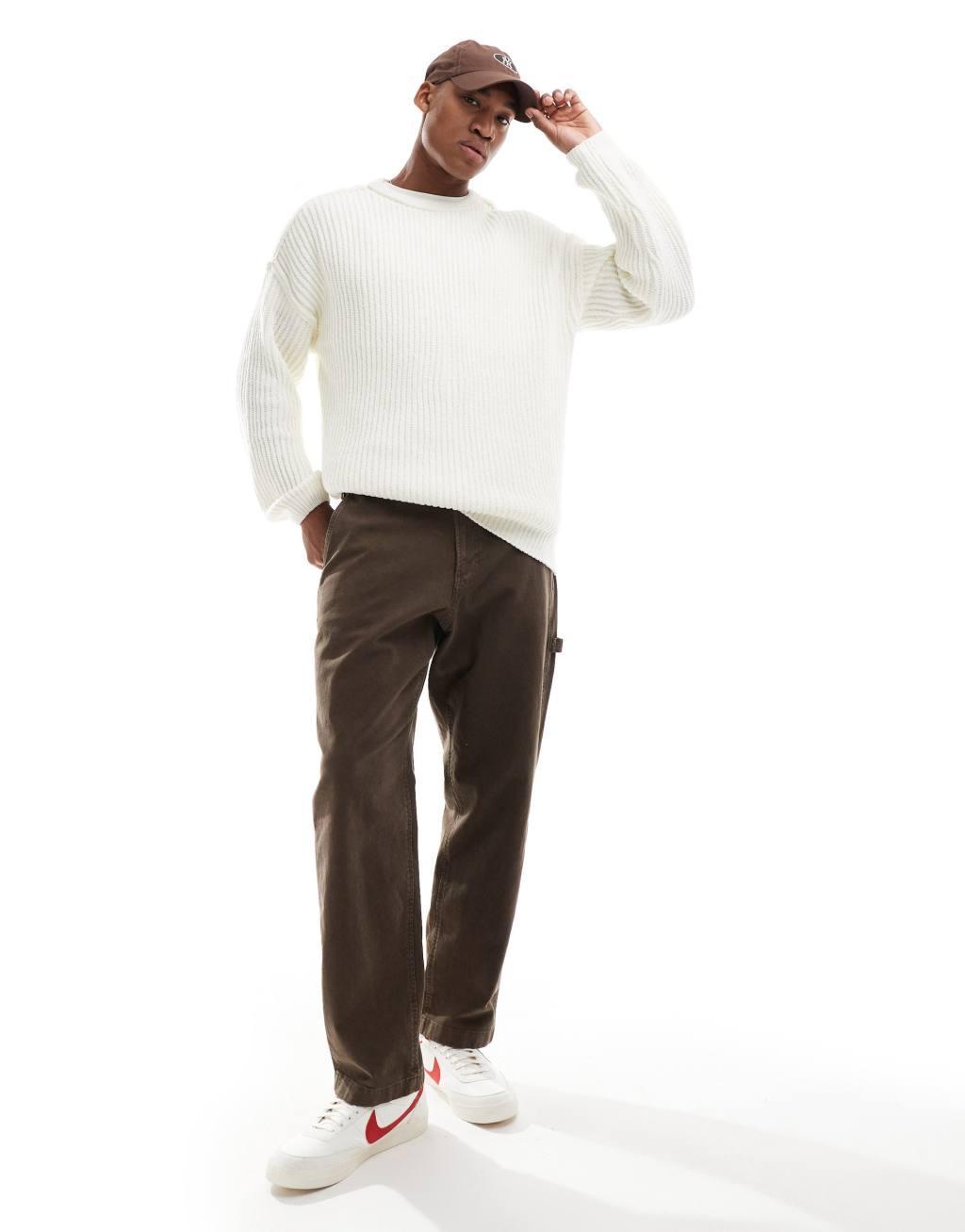 ASOS DESIGN relaxed knit chenille crew neck rib knit sweater in cream Product Image