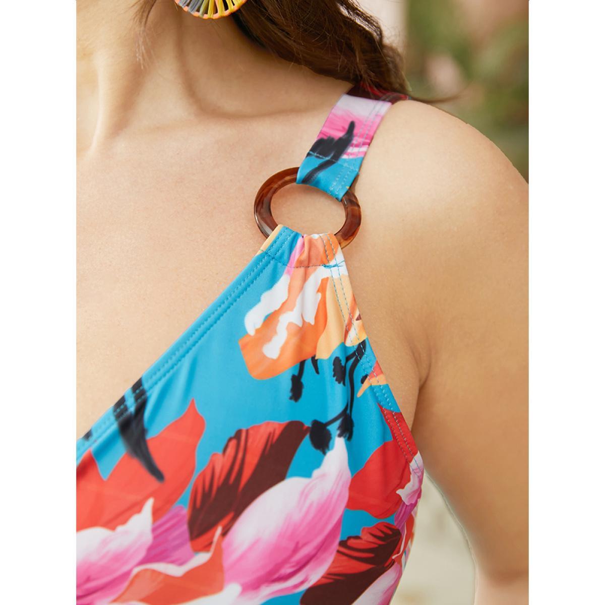 Plus Size Floral Printed Ruched Buckle Detail Wrap One Piece Swimsuit Women's Swimwear Teal Vacation Adjustable Straps Curve Bathing Suits High stretch One Pieces BloomChic 18-20/2X Product Image