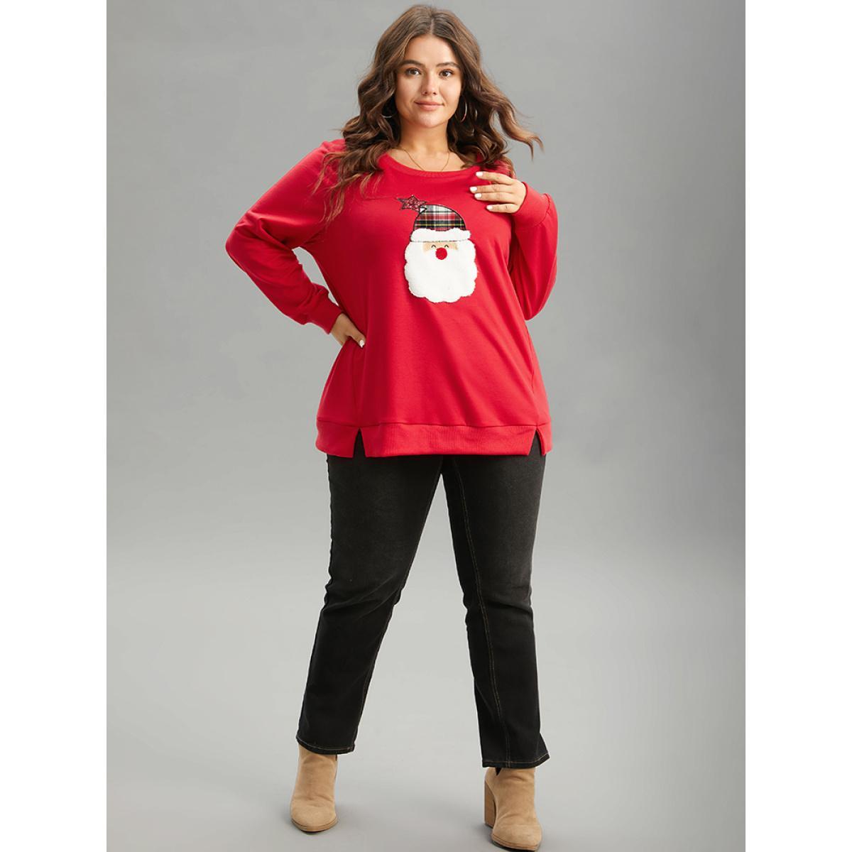 Plus Size Santa Claus Graphic Split Detail Sweatshirt Women Red Casual Rib Knit Festival-Christmas Sweatshirts BloomChic 28/5X Product Image