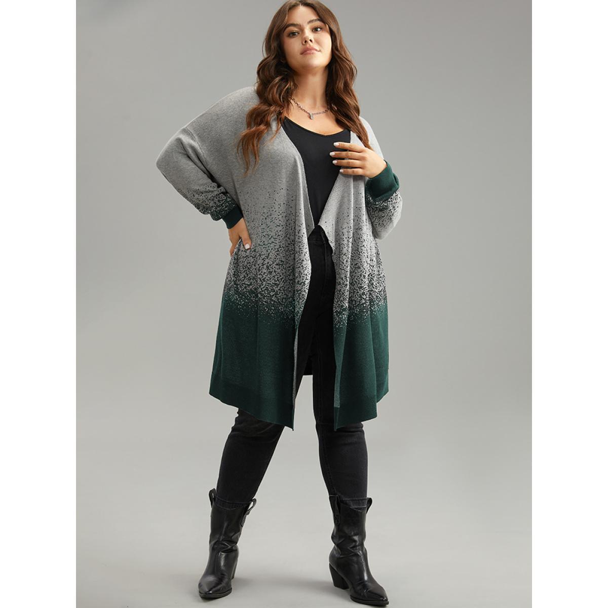Plus Size Ombre Asymmetrical Open Front Cardigan DarkGreen Women Casual Loose Long Sleeve Everyday Cardigans BloomChic 14-16/1X Product Image