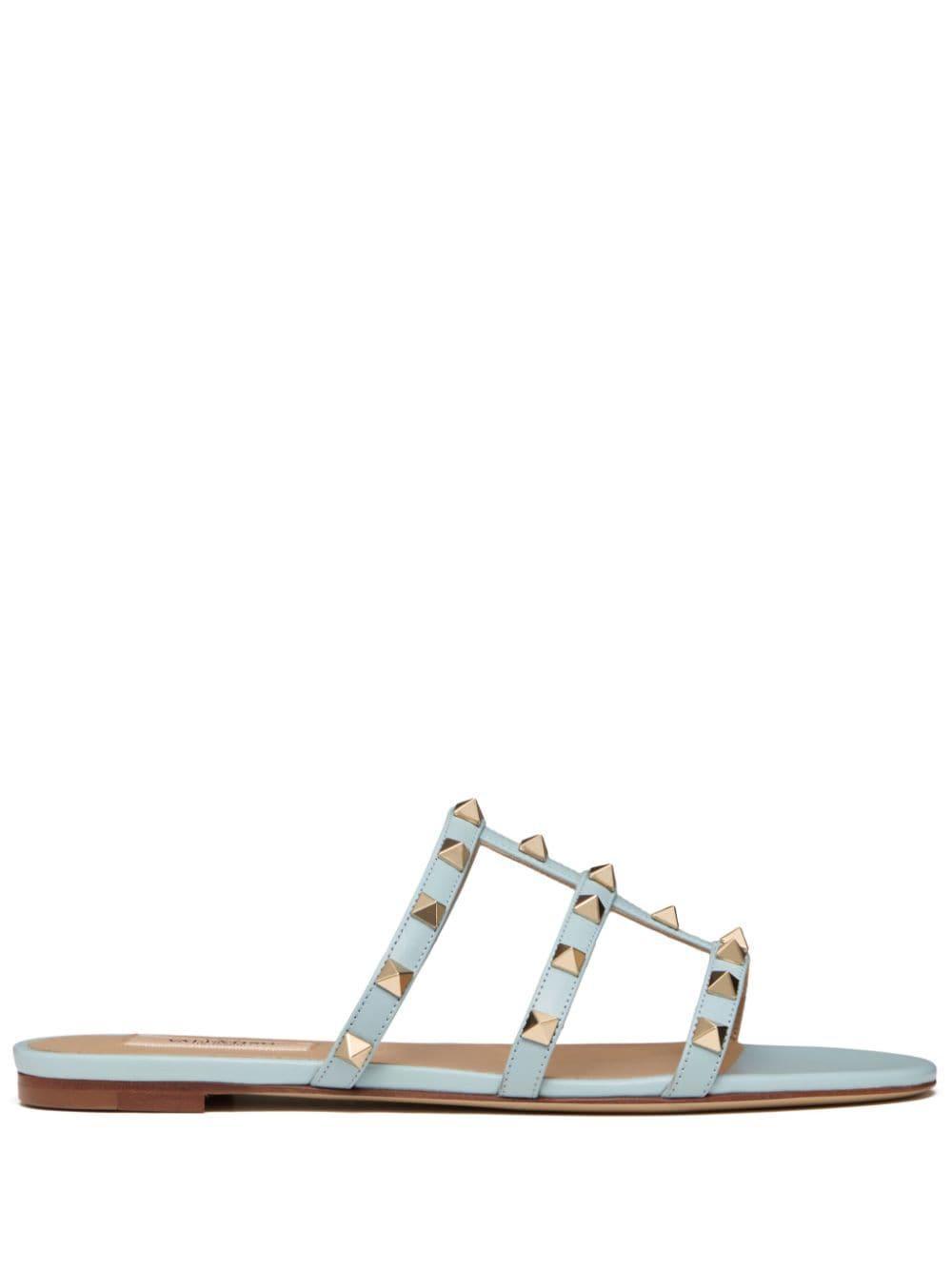 VALENTINO GARAVANI Rockstud Flat Slide Sandal Woman Porcelain Blue 39.5 Product Image