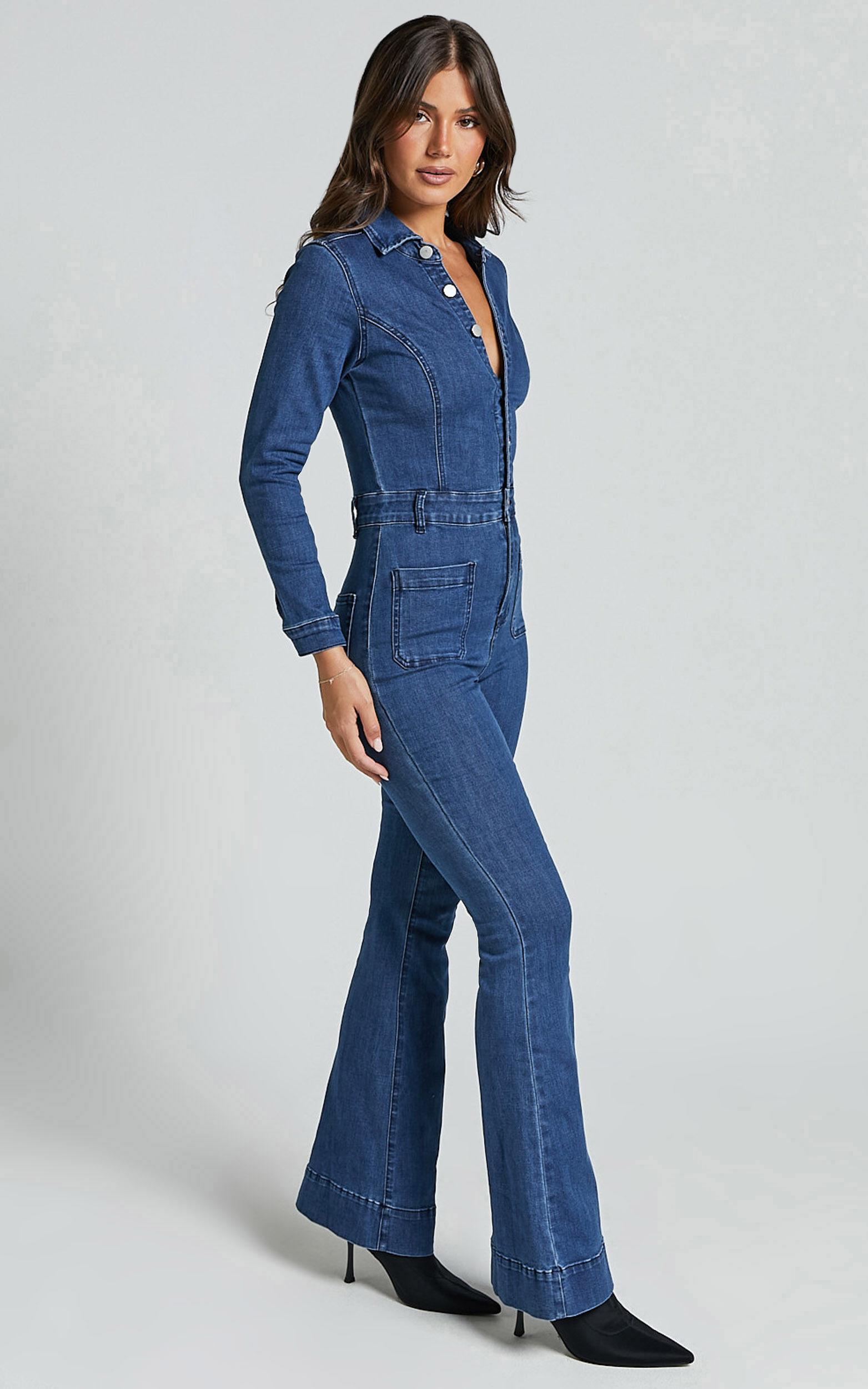 Vivi Jumpsuit - Button Front Wide Leg Denim Jumpsuit in Indigo Wash Product Image