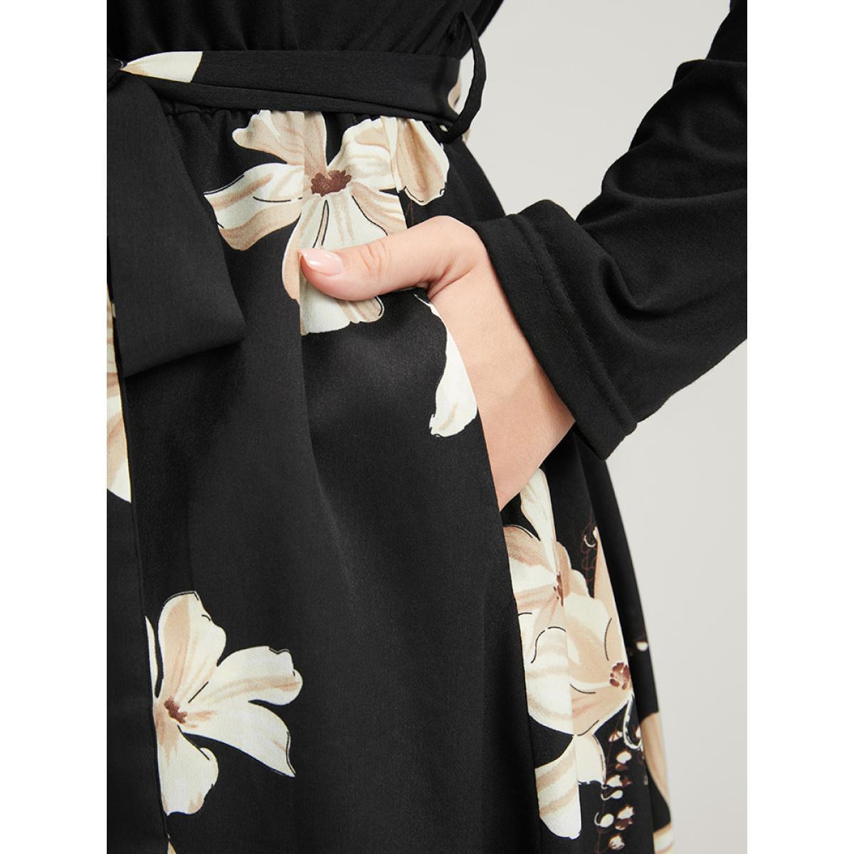 Plus Size Floral Print Keyhole Round Neck Pocket Belted Dress Multicolor Women Elegant Belted Round Neck Long Sleeve Curvy Midi Dress BloomChic 26/4X Product Image