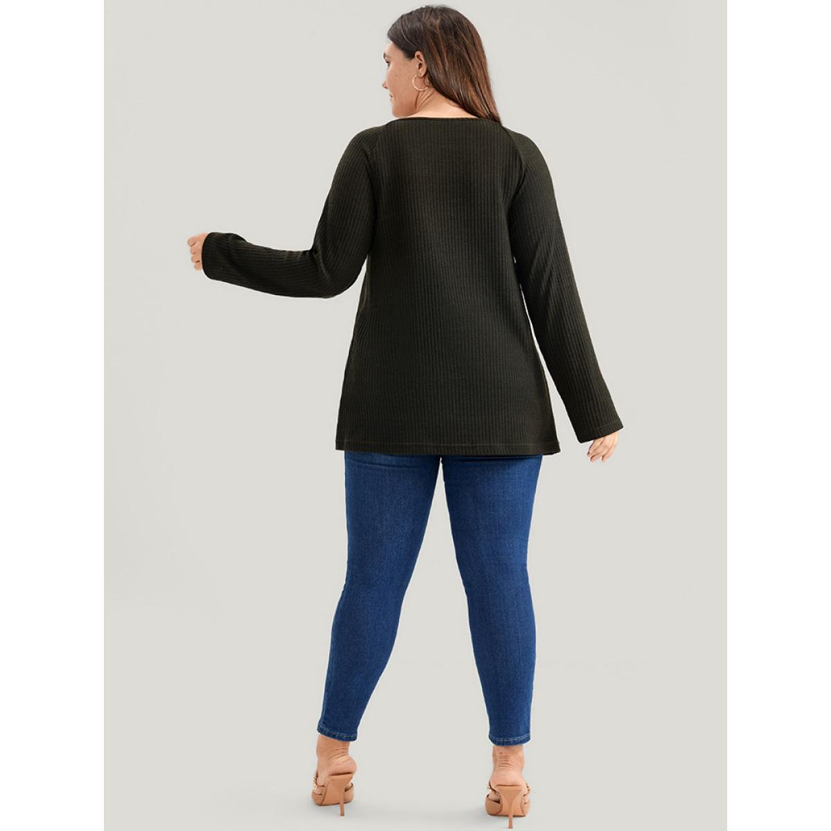 Plus Size Solid Contrast Lace V Neck Rib Knit Long Tee ArmyGreen Women Elegant Plain Plain V-neck Dailywear T-shirts BloomChic 28/5X Product Image