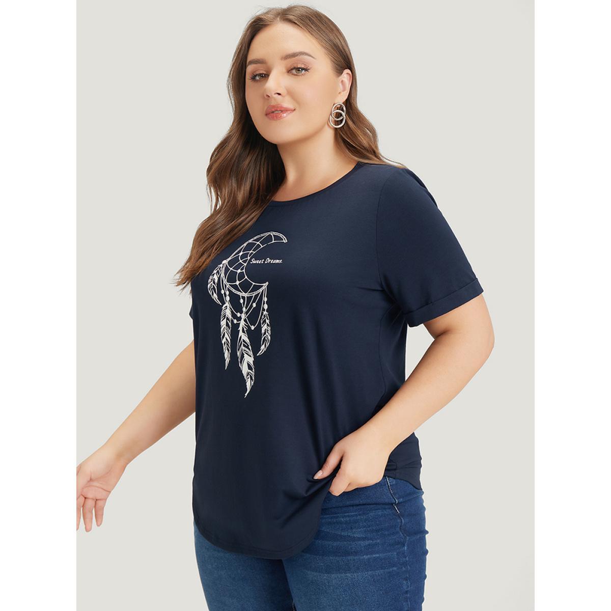 Plus Size Dream Catcher Print Arc Hem Cuffed Sleeve T-shirt Midnight Women Casual Arc Hem Art&design Dailywear T-shirts BloomChic 12/L Product Image