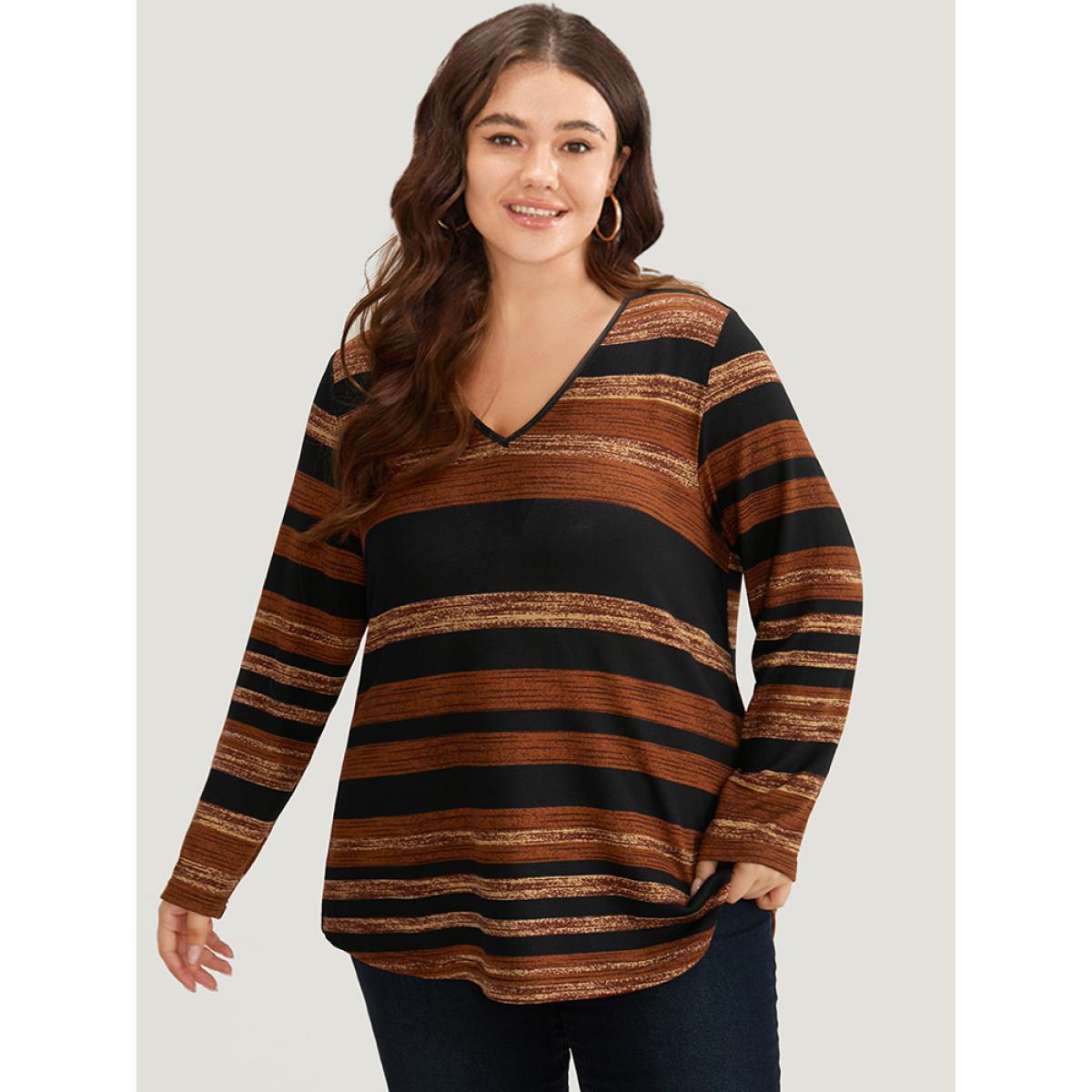 Plus Size Striped Contrast V Neck T-shirt Multicolor Women Casual Printed Striped V-neck Dailywear T-shirts BloomChic 12/L Product Image