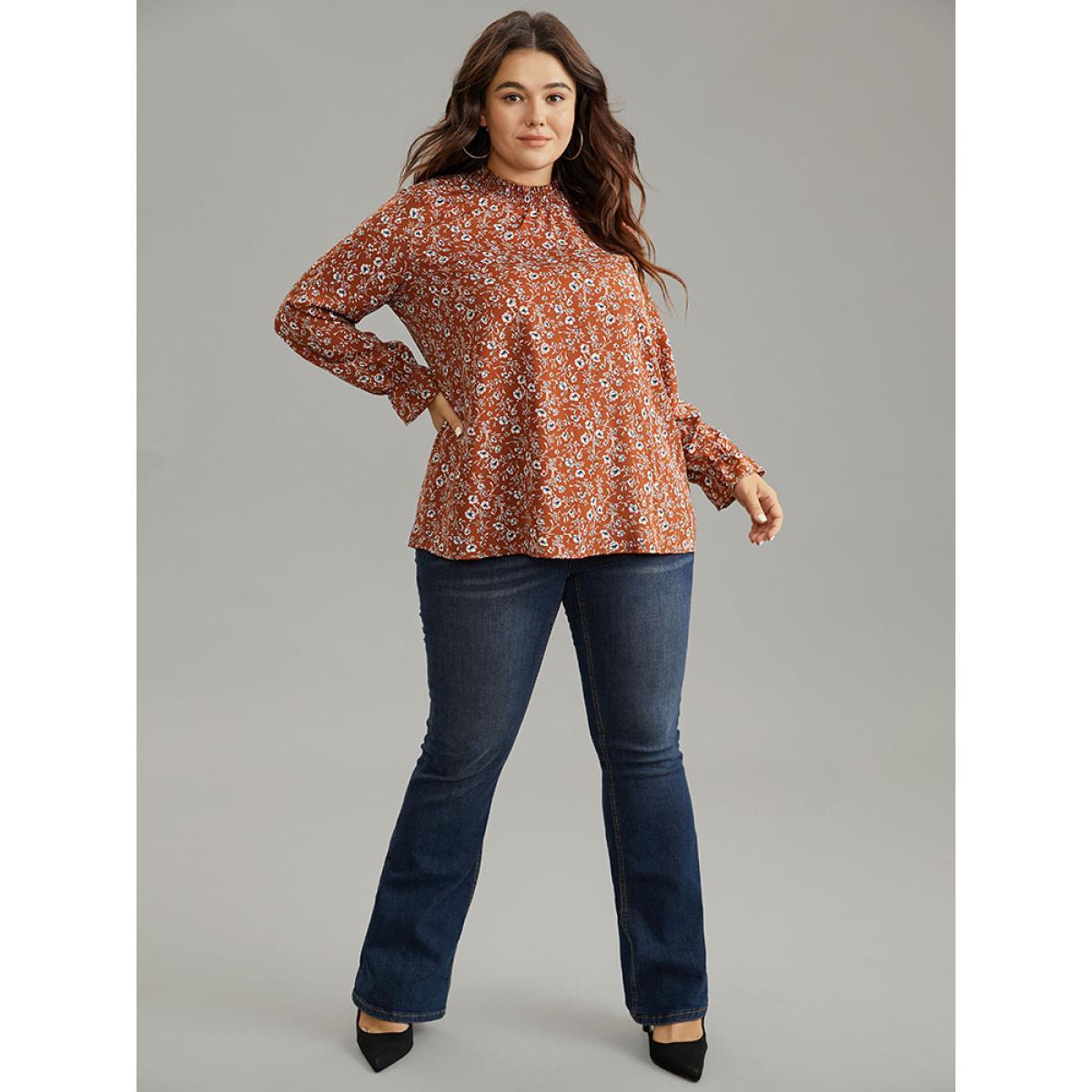 Plus Size Rust Ditsy Floral Shirred Pocket Layered Blouse Women Elegant Long Sleeve Round Neck Dailywear Blouses BloomChic 22-24/3X Product Image