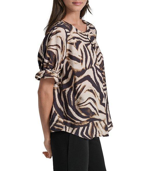 DKNY by Donna Karan Blurred Zebra Print Crew Neck Rolled Puff Sleeve Blouse Product Image