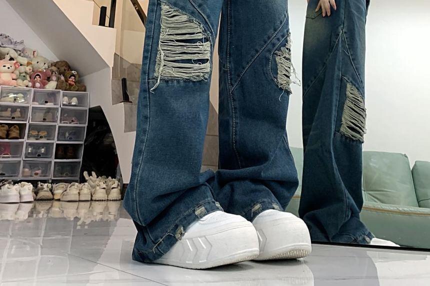 High-Waist Washed Distressed Wide-Leg Jeans Product Image
