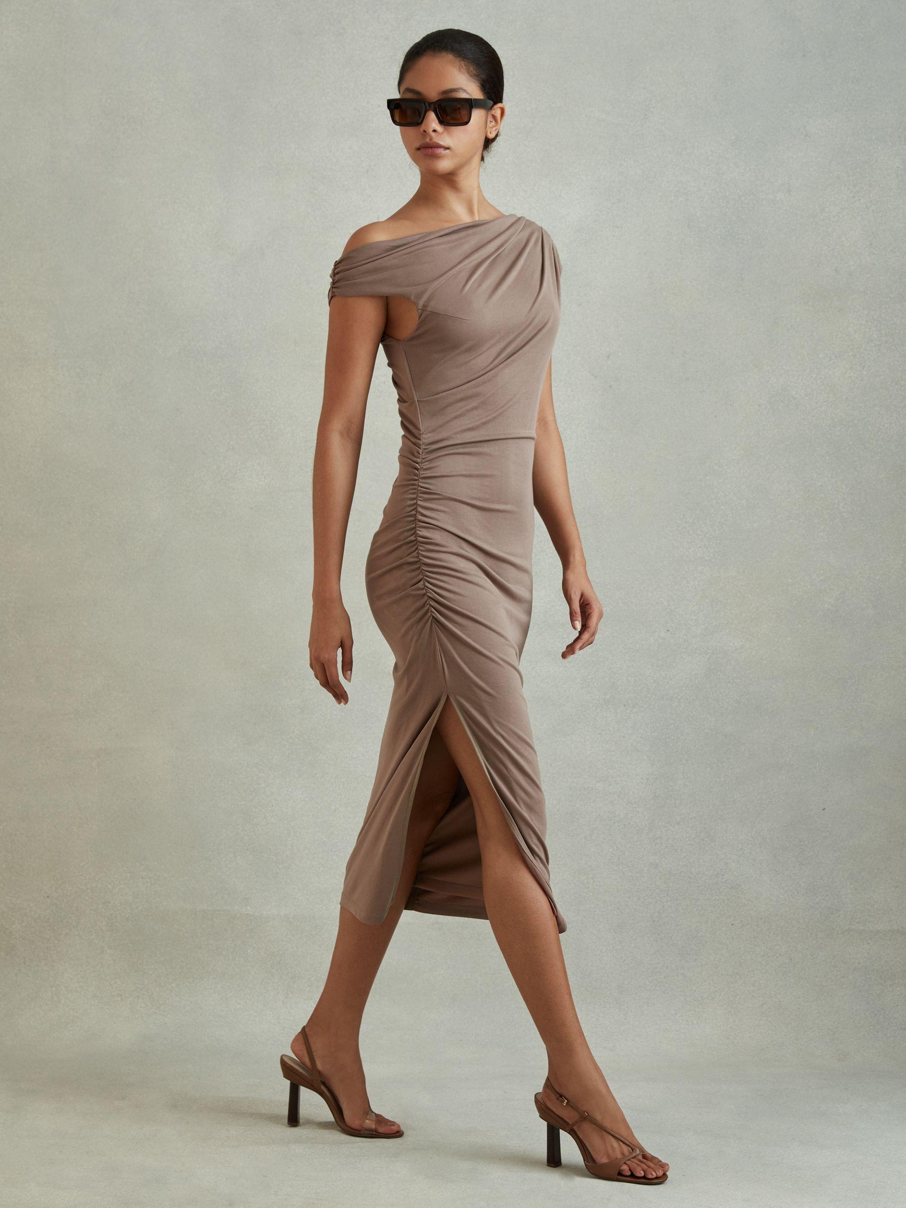 Bodycon Ruched Midi Dress in Mocha Product Image