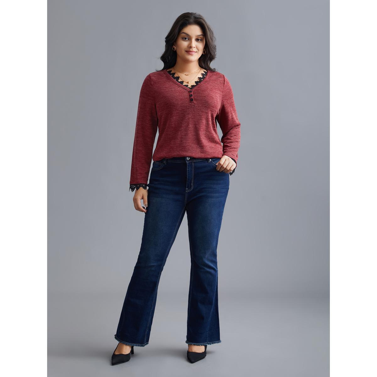 Plus Size V Neck Lace Trim Stitch Button Detail T-Shirt Deepred Women Elegant Woven ribbon&lace trim V-neck Everyday T-shirts BloomChic 18-20/2X Product Image