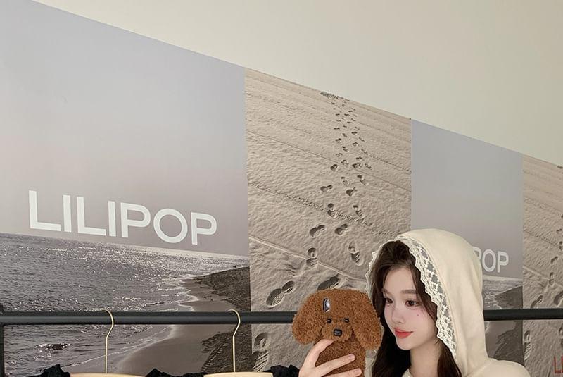 Long-Sleeve Plain Hooded Lace Trim T-Shirt Product Image