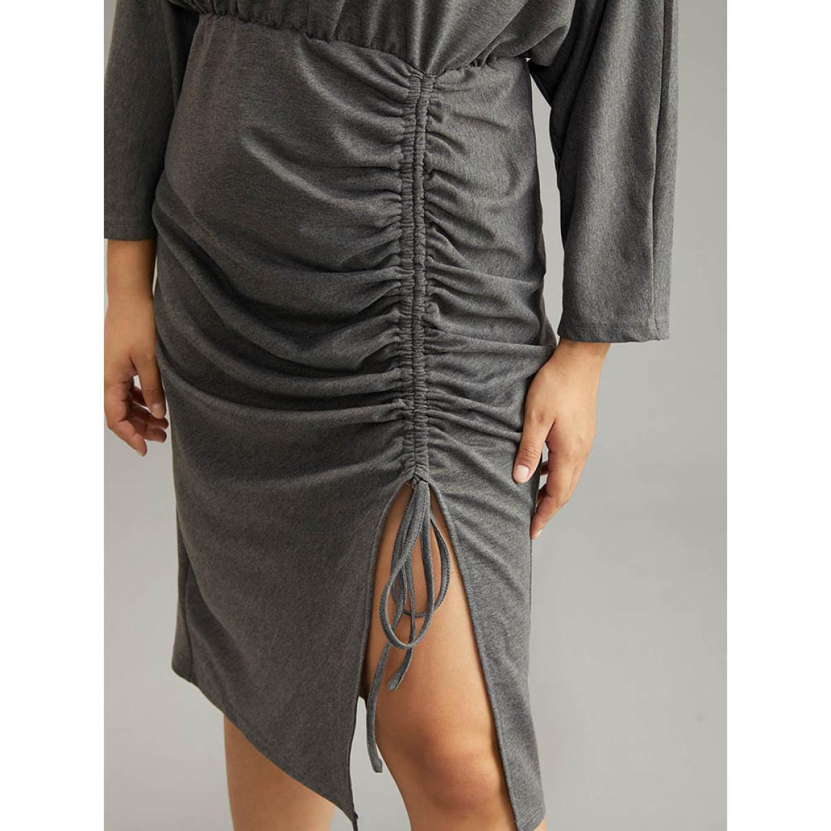 Plus Size Split Hem Drawstring Batwing Sleeve Dress DimGray Women Casual Plain Round Neck Elbow-length sleeve Curvy Midi Dress BloomChic 18-20/2X Product Image