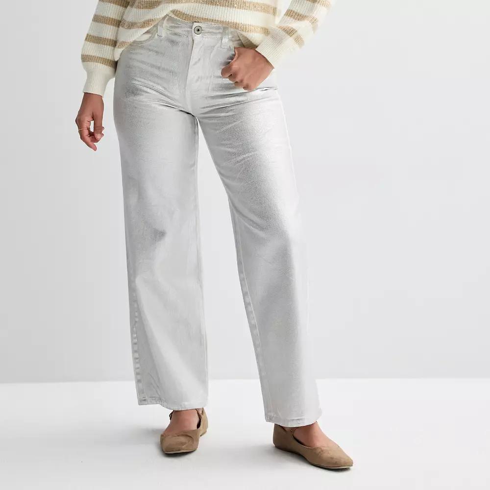 Women's Fourth + Bay Straight-Fit Foiled Denim Pants, Size: 16, Silver Product Image