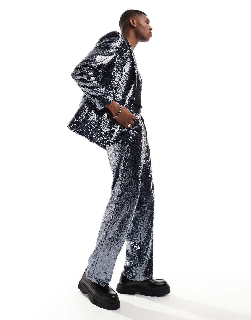 ASOS DESIGN high rise wide suit pants in silver Product Image