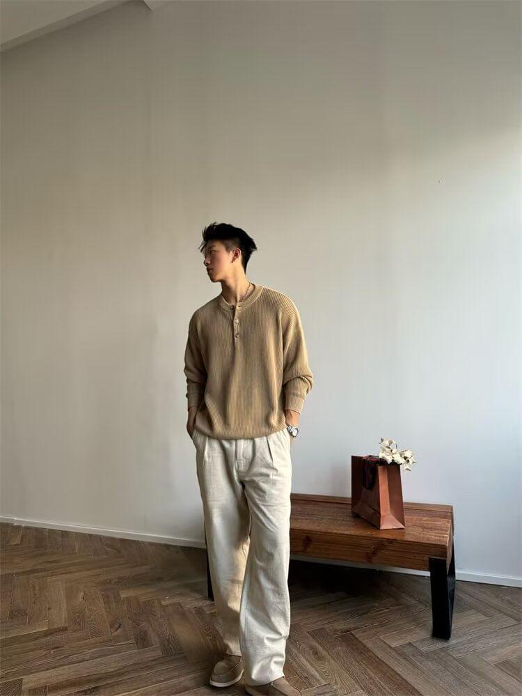 Henley Neck Plain Ribbed Knit Oversized Sweater Product Image