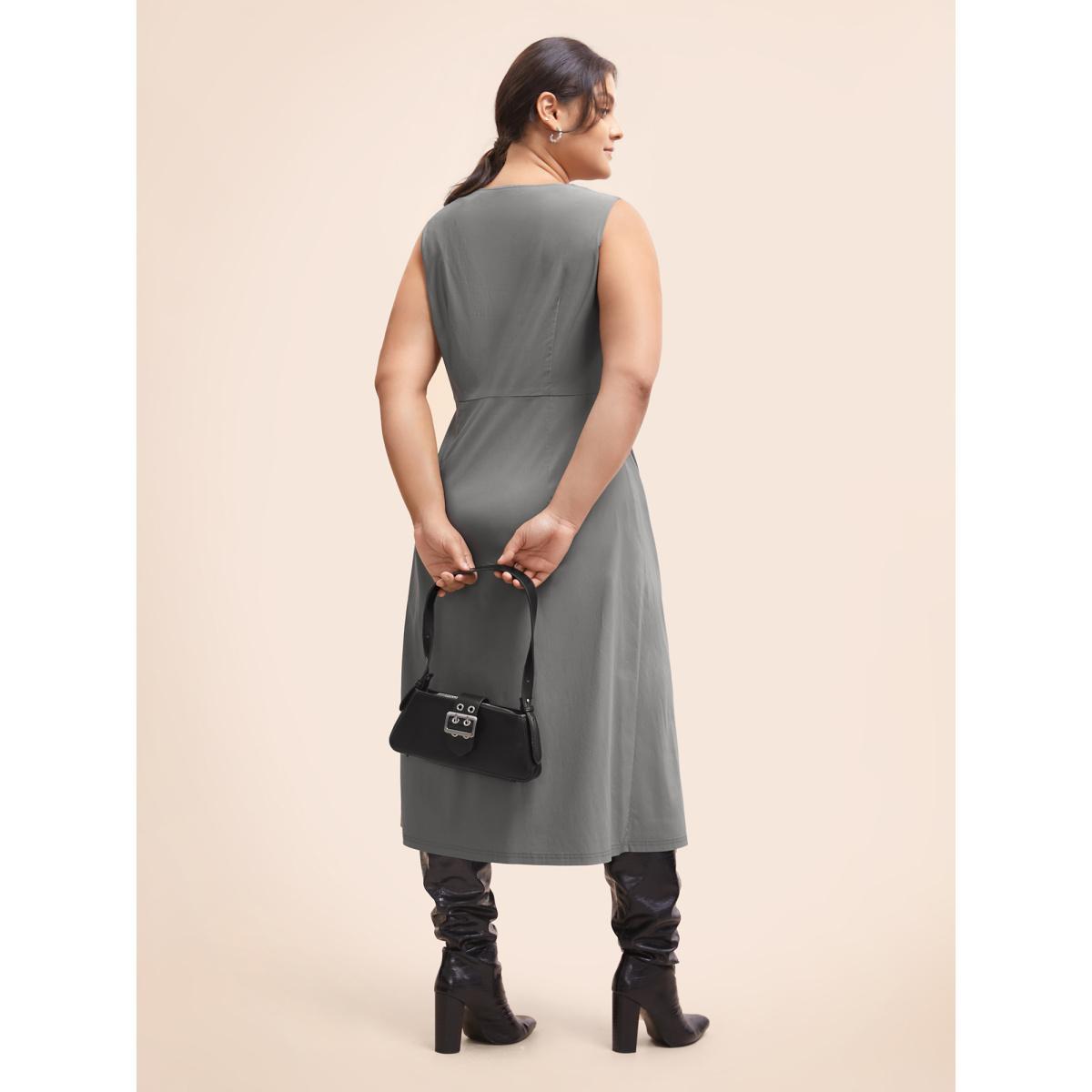 Plus Size Stretch Woven Crushed Pleated Midi Dress DimGray Women Workwear Essentials Twist Round Neck Sleeveless Curvy BloomChic 26/4X Product Image