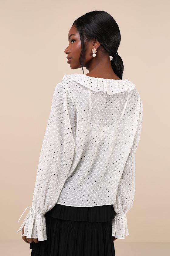 Whimsical Sweetie Ivory Polka Dot Sheer Plisse Ruffled Top Product Image