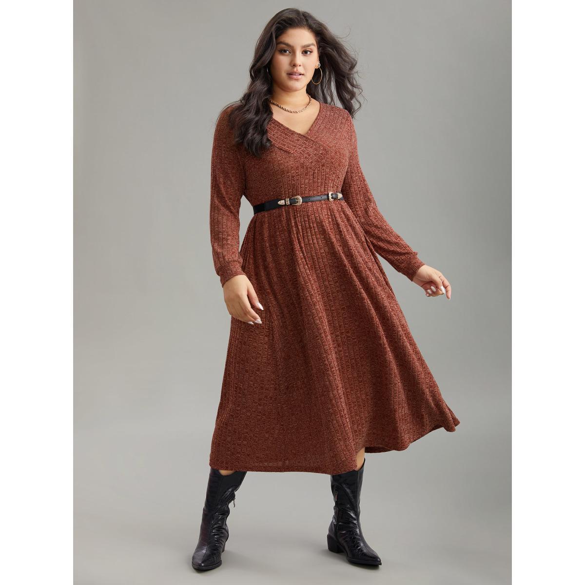 Plus Size Rib Knit Plain Plisse Long Sleeve Dress Rust Women Casual Rib Knit V-neck Long Sleeve Curvy Midi Dress BloomChic 22-24/3X Product Image